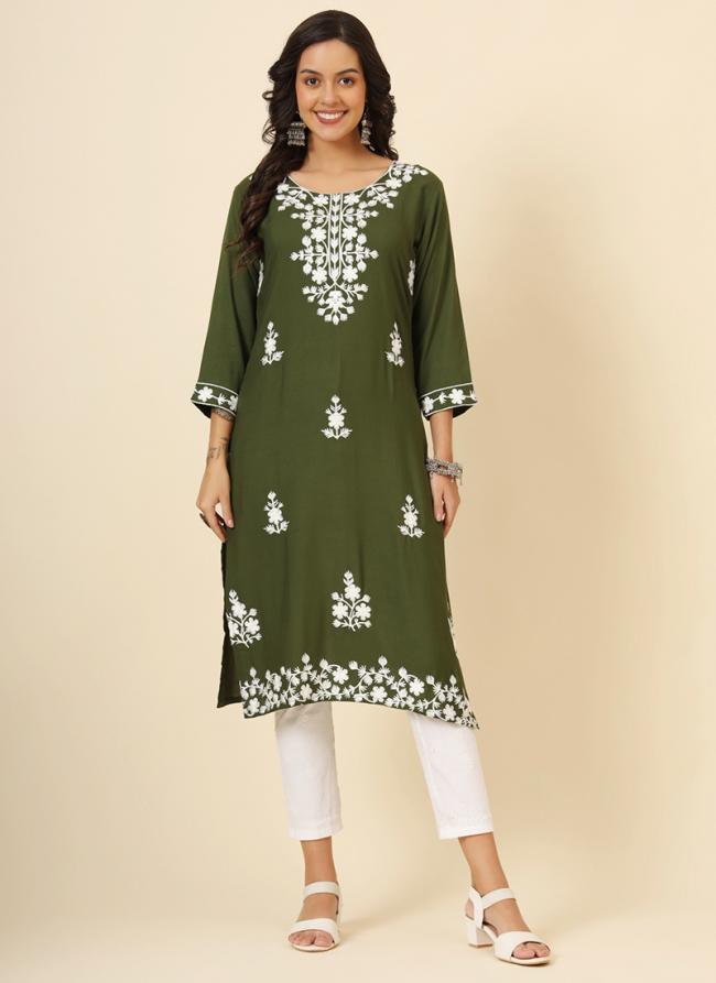 Rayon Mehendi Casual Wear Lucknowi Chikankari Work Readymade Kurti